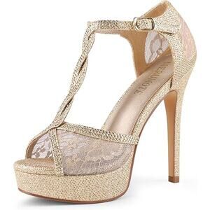 New Merumote Womens Size 7.5 Gold Glitter Lace Peep Toe 5" Platform Heel Shoes